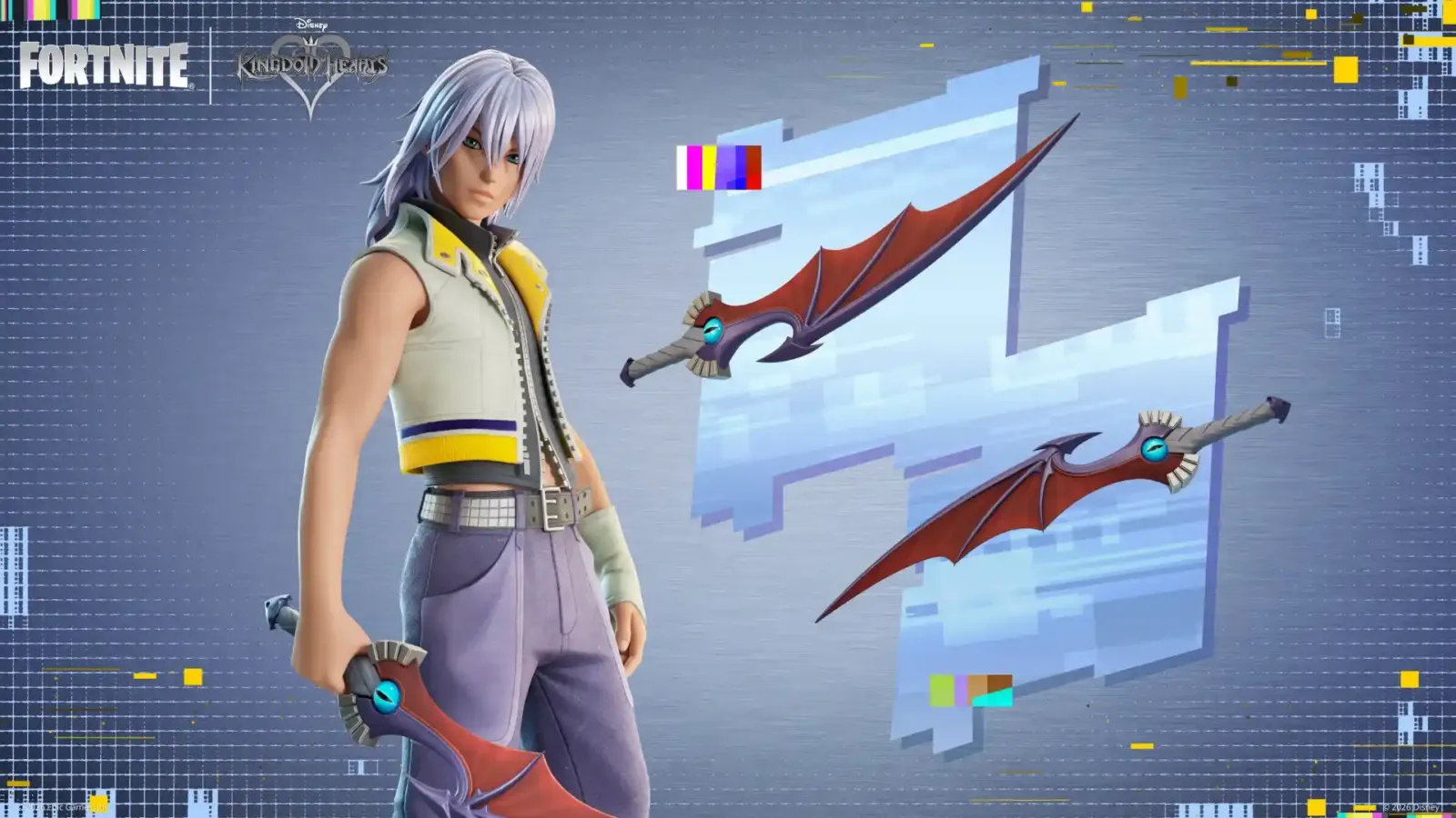 Riku en Fortnite junto a sus picos inspirados en su arma de Kingdom Hearts