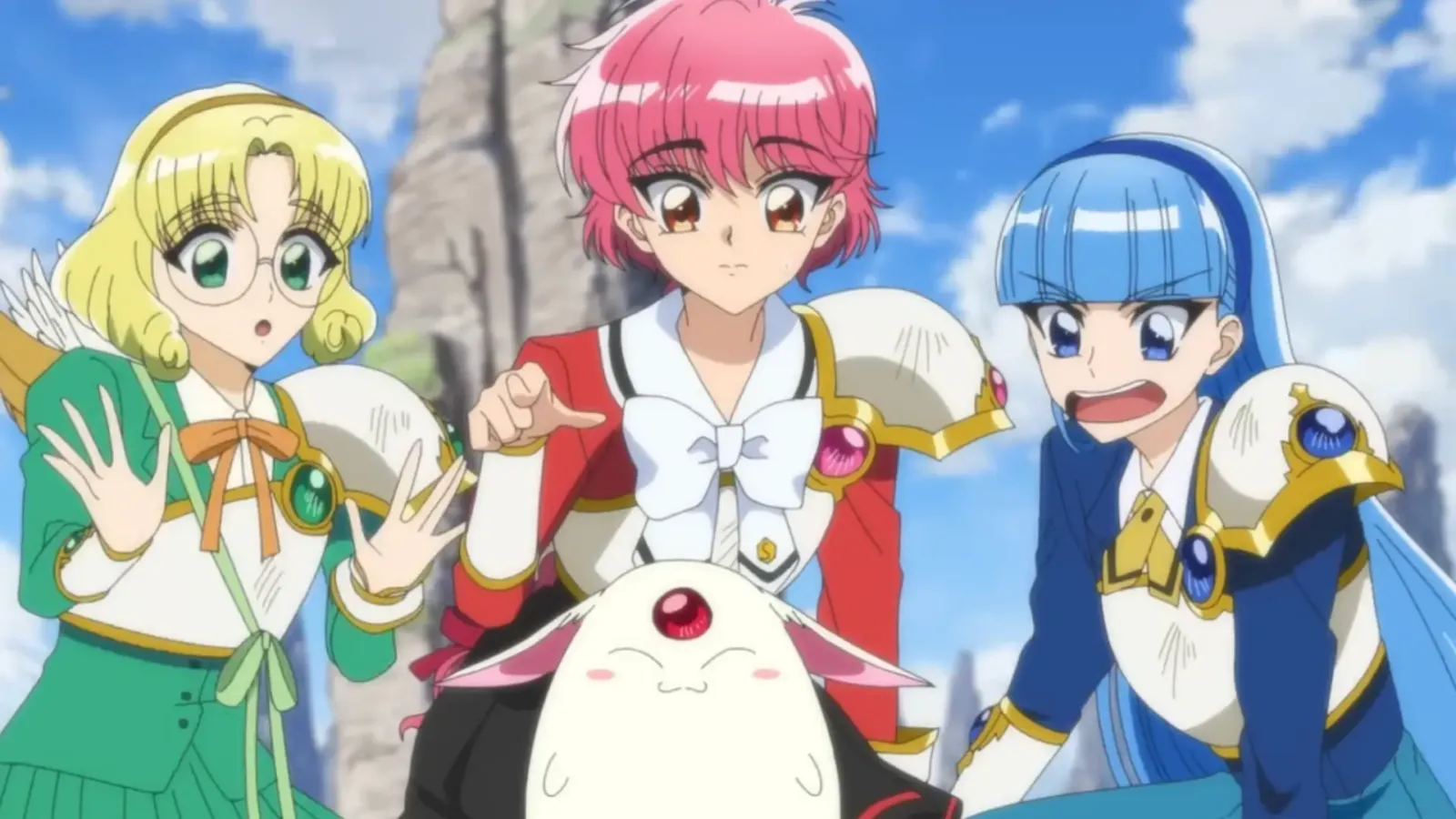 Fuu, Hikaru y Umi con sus armaduras junto a Mokona en el remake de Las Guerreras Mágicas