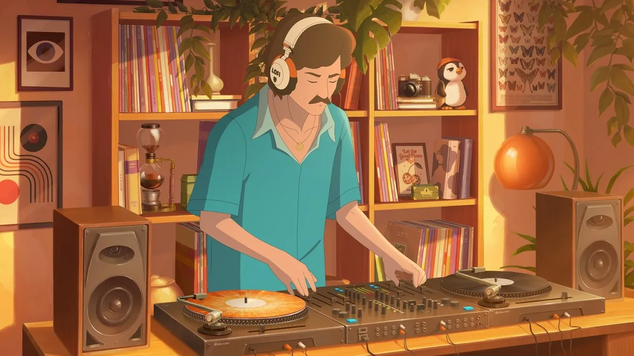 Lofi Teacher, el nuevo personaje de Lofi House, mezcla música en su departamento al atardecer, con auriculares y bandejas