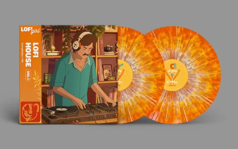 La edición en vinilo de Lofi House Vol. 1, con Lofi Teacher en la tapa y dos discos naranjas salpicados
