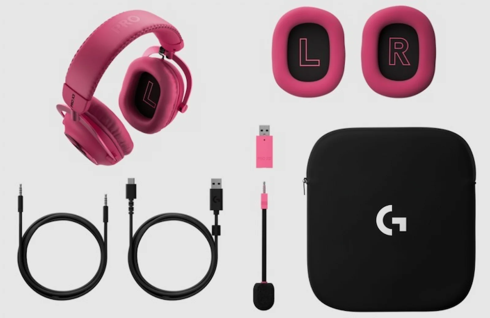 Auricular Logitech G PRO X3 LIGHTSPEED en color magenta con almohadillas de repuesto, cables, receptor y estuche