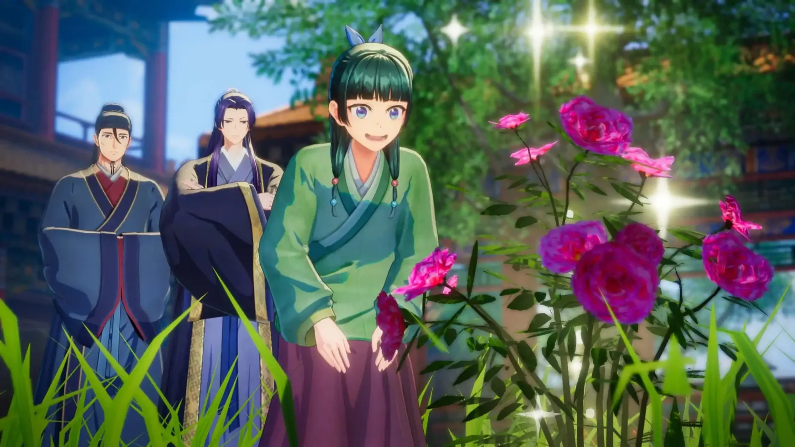 Maomao, Jinshi y Gaoshun en el juego de Los Diarios de la Boticaria
