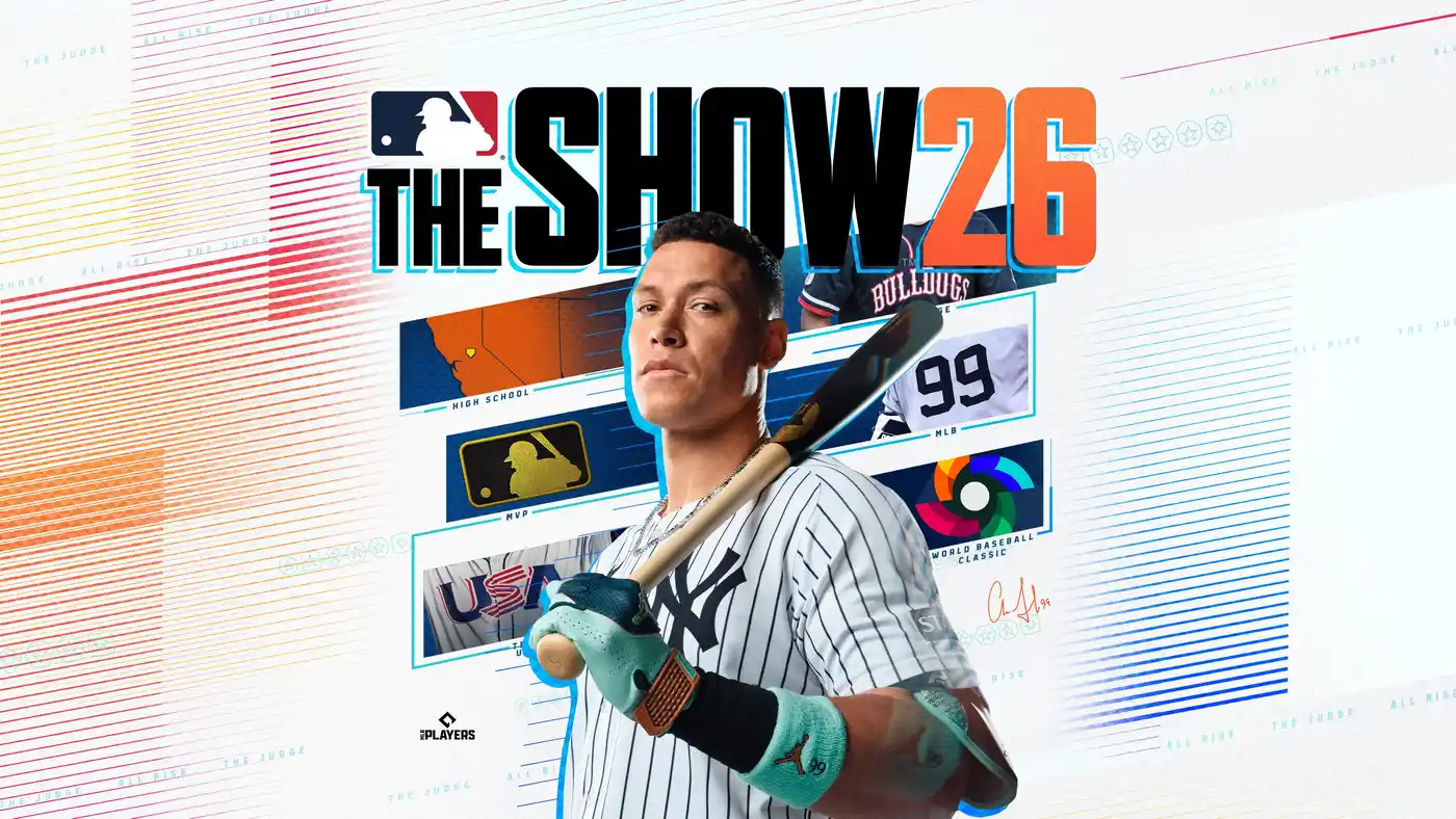 Arte de MLB The Show 26 con Aaron Judge de bate en mano y el uniforme a rayas de los New York Yankees