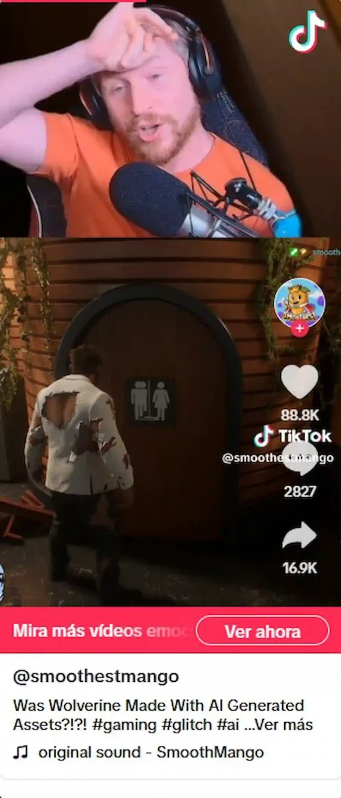 Captura del video de SmoothMango en TikTok sobre el cartel de baño deformado de Marvel's Wolverine
