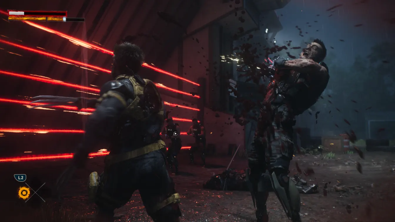 Wolverine enfrenta a un soldado entre rayos láser rojos en Marvel’s Wolverine