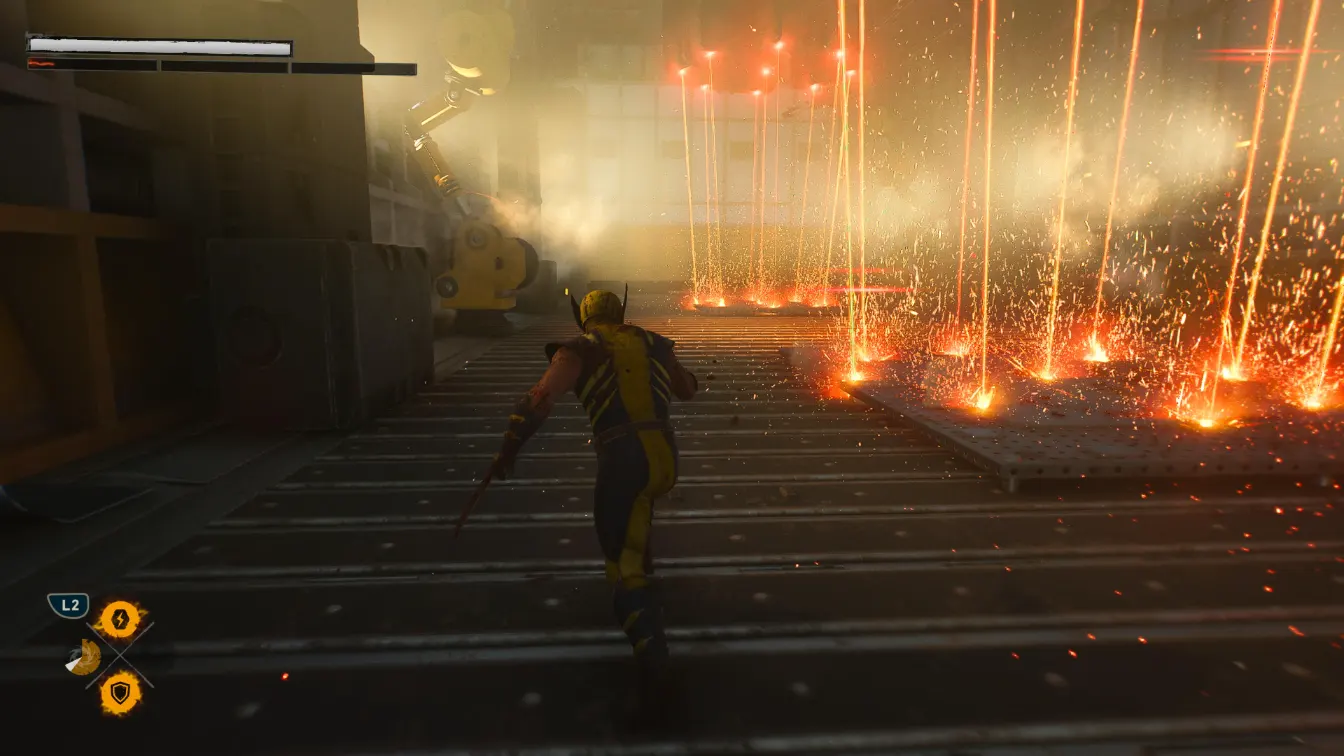 Wolverine sube por una escalinata bajo una lluvia de chispas en Marvel’s Wolverine
