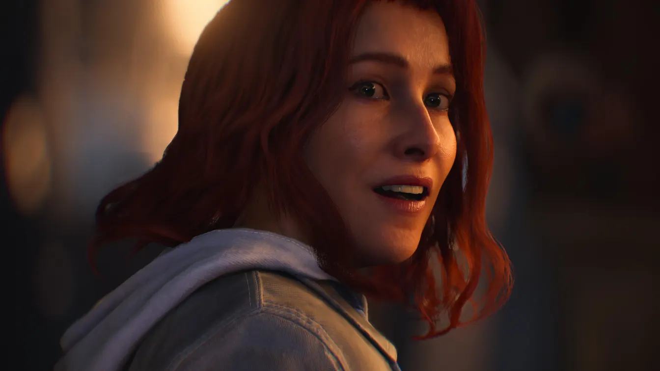 Primer plano de una joven pelirroja en una escena cinemática de Marvel’s Wolverine