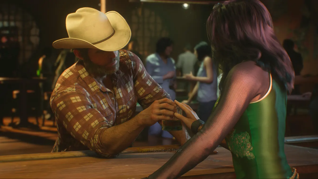 Logan con sombrero vaquero conversa con una mujer en un bar en Marvel’s Wolverine