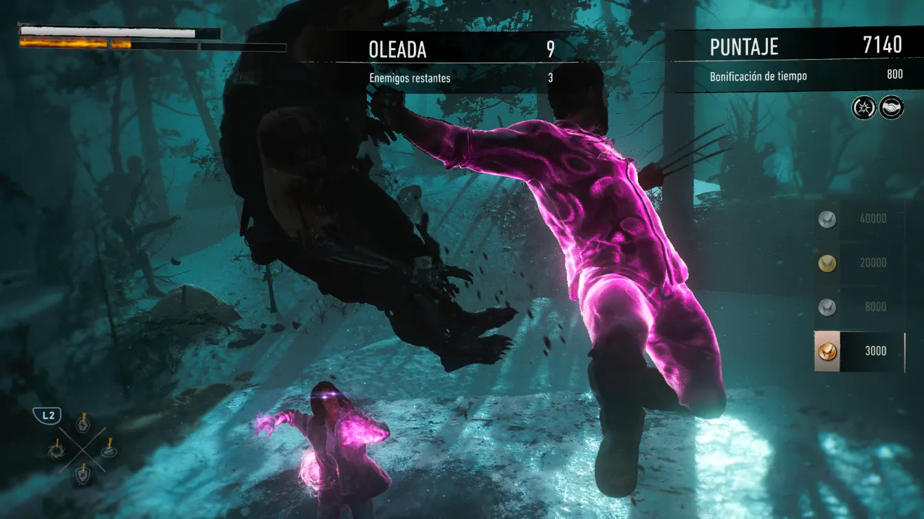 Desafío por oleadas con contador de puntaje y enemigos de brillo rosa en Marvel’s Wolverine