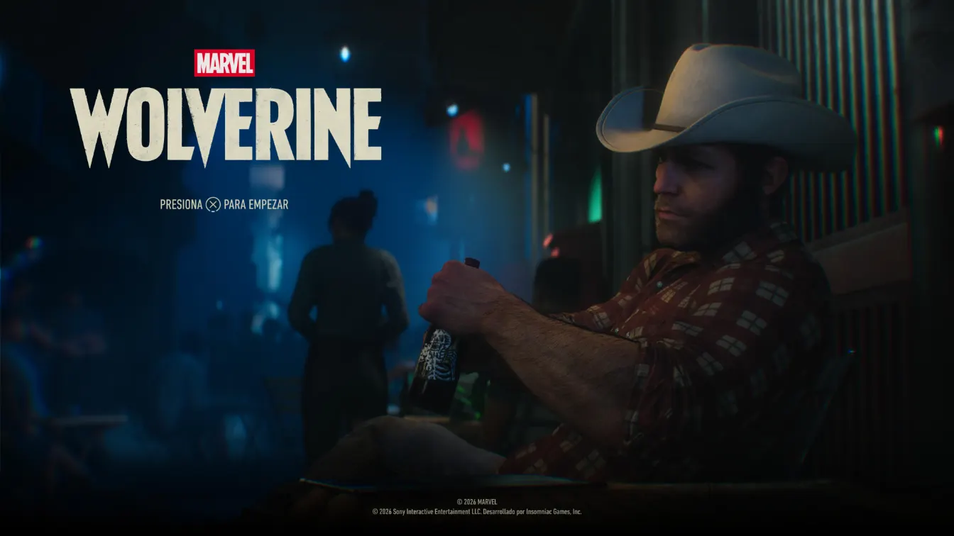 Pantalla de inicio de Marvel’s Wolverine con Logan de sombrero vaquero sentado en un bar