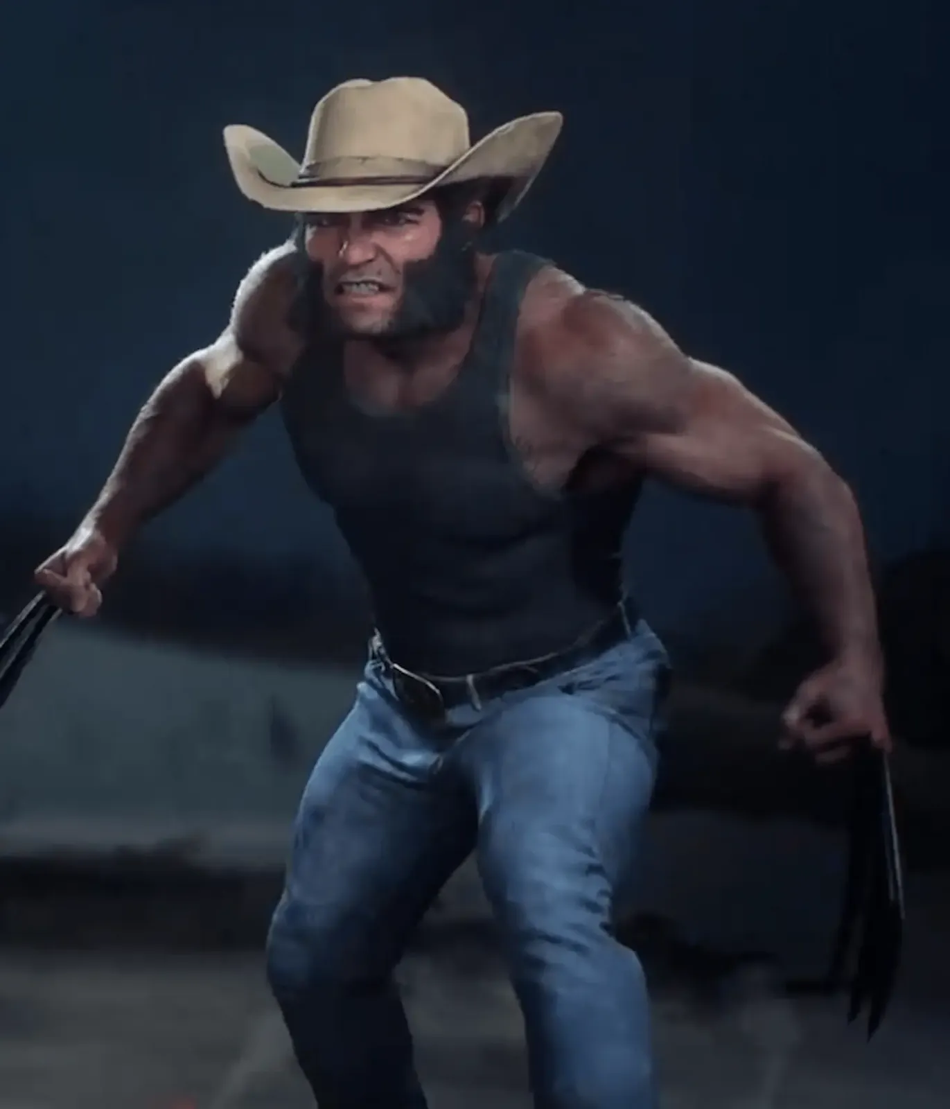 Logan con musculosa negra y sombrero de vaquero en el traje Black Tank