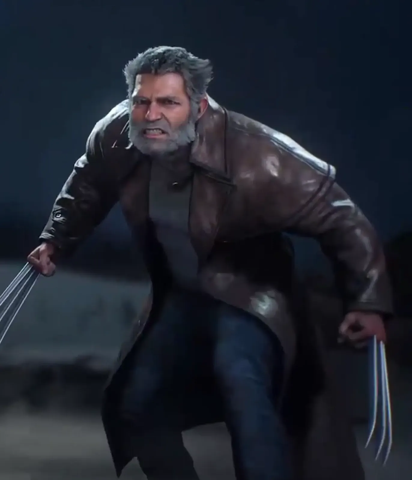 Logan canoso y de sobretodo largo con el traje Old Man Logan