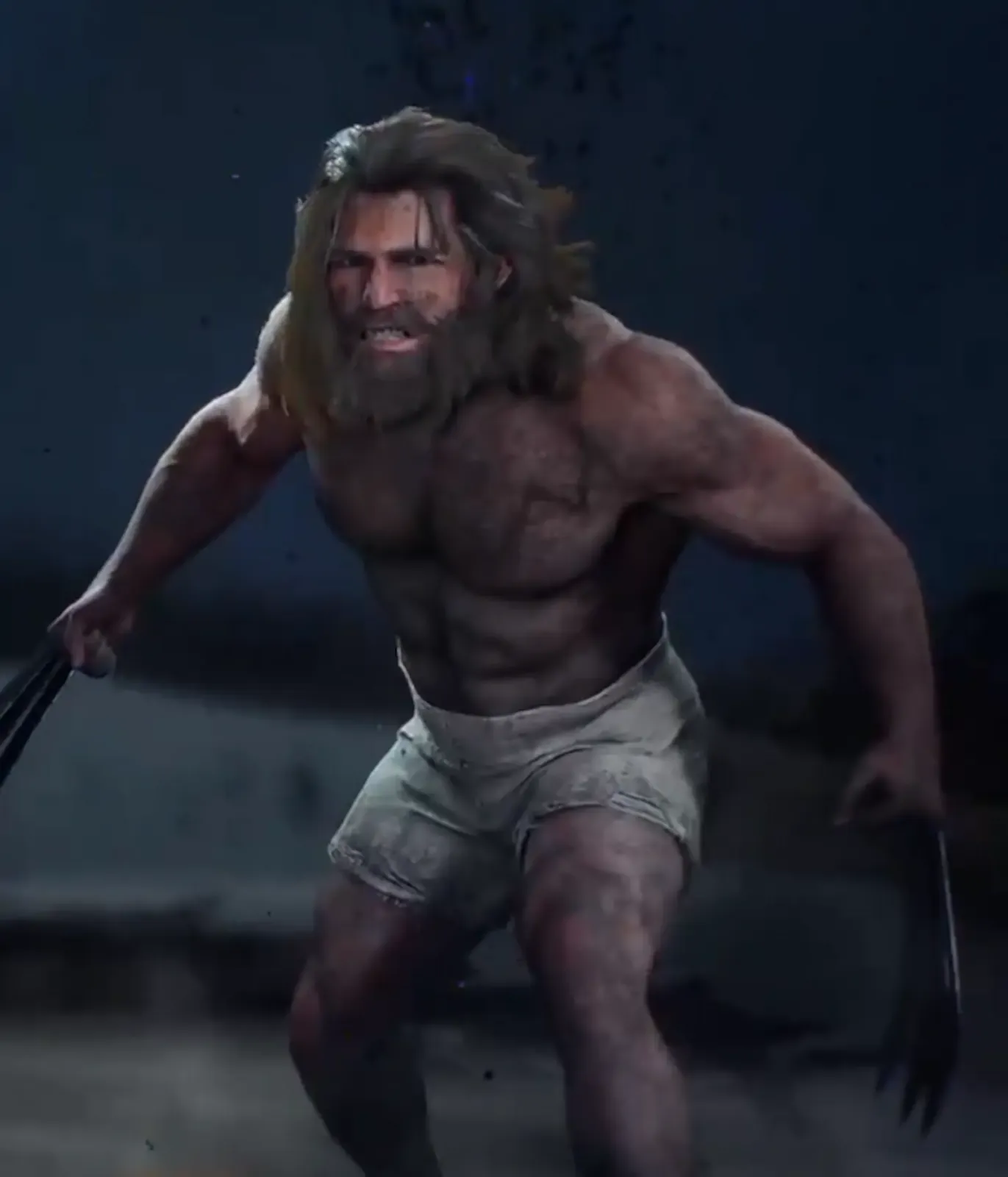 Logan de pelo largo, barba y torso desnudo con el traje Feral