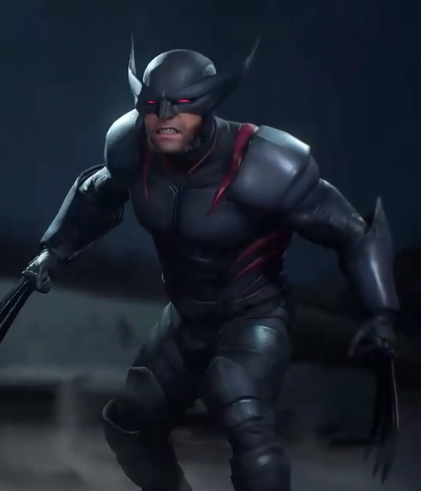 Wolverine con el traje secreto Midnight, negro con detalles rojos