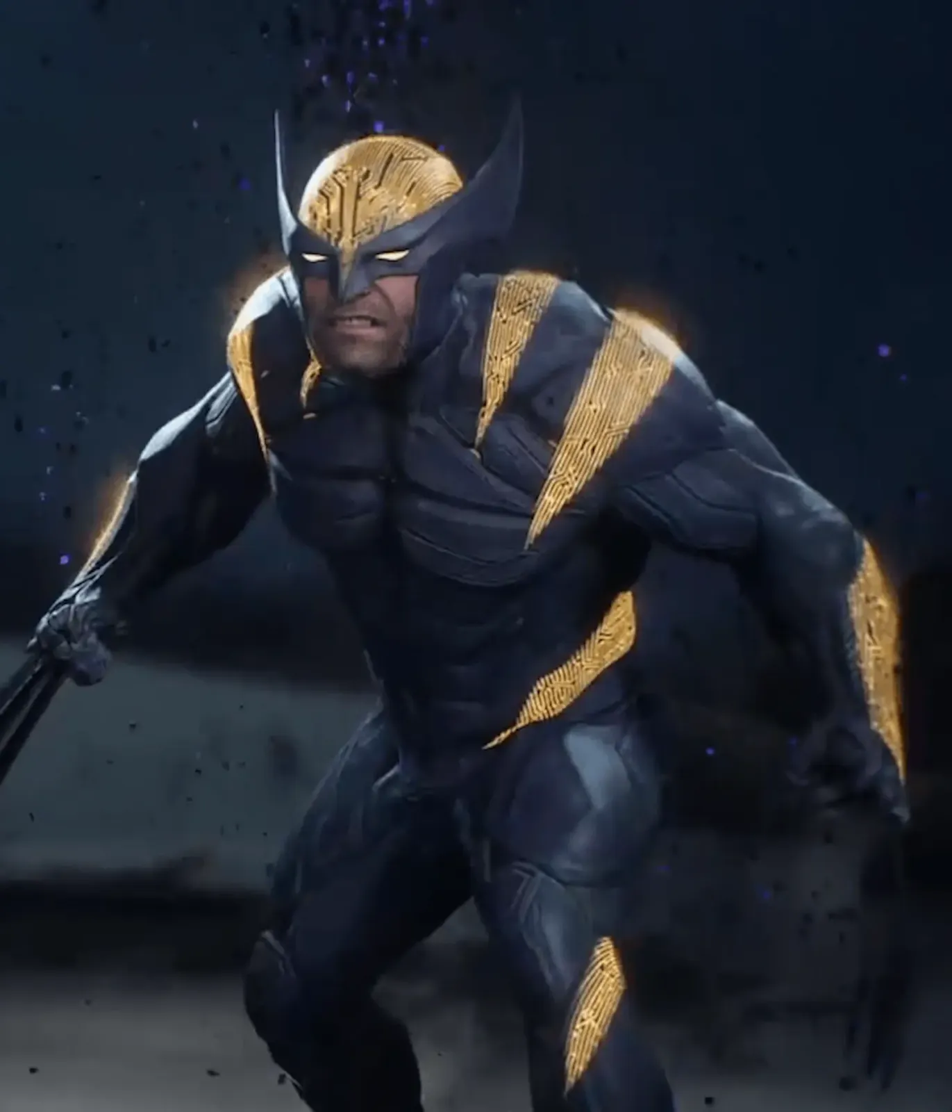 Wolverine con el traje secreto Future Fugitive, negro con franjas amarillas