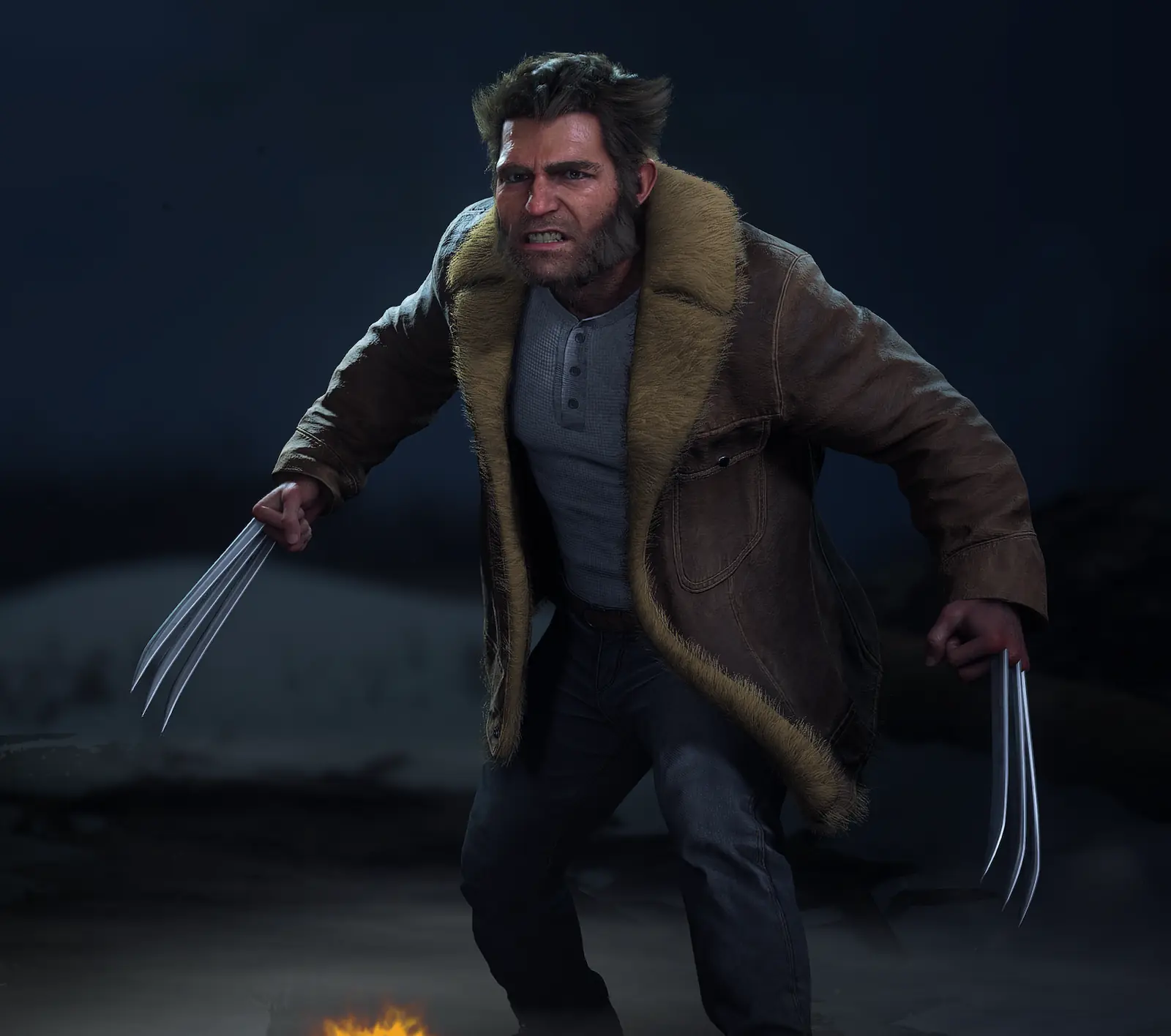Logan con el traje Future Past, de campera marrón con cuello de piel
