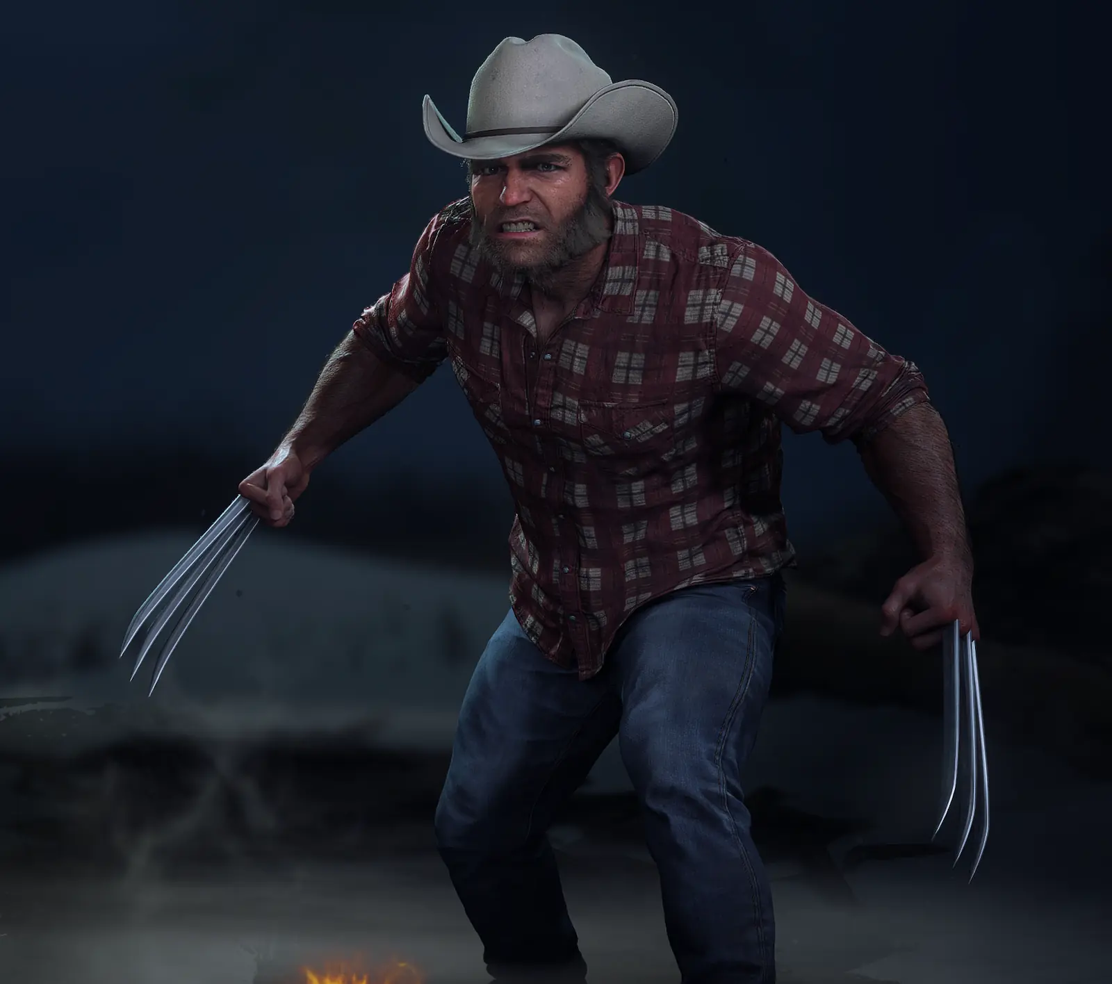 Logan con el traje Dressed Down, de camisa a cuadros y sombrero de vaquero