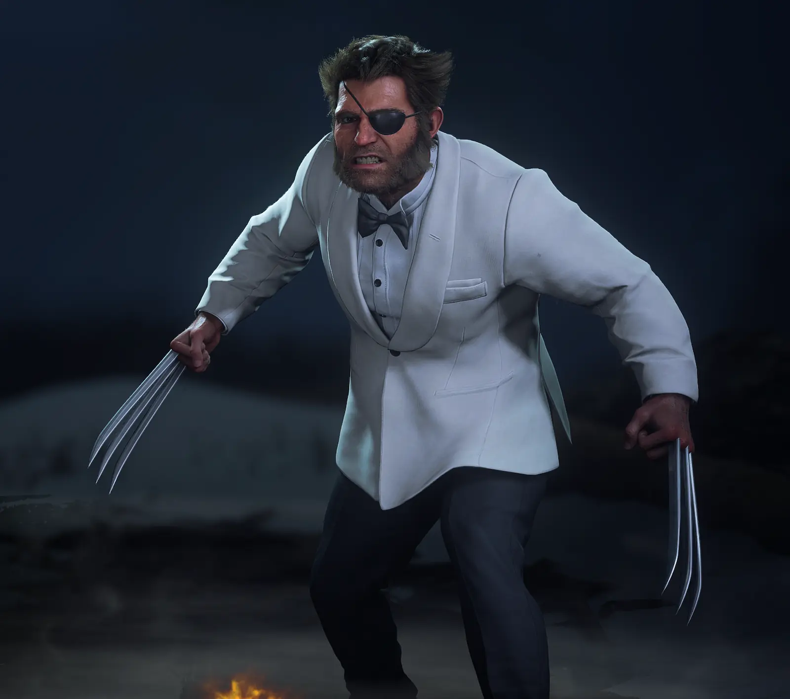 Logan con el traje Patch, de saco blanco y parche en el ojo