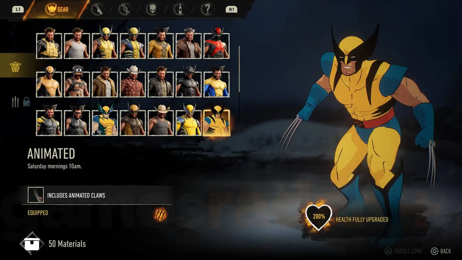 Menú de trajes de Marvel's Wolverine con el traje Animated seleccionado