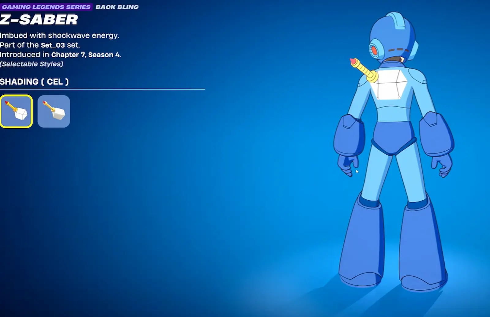 Mochila Sable Z equipada en el atuendo de Mega Man en Fortnite