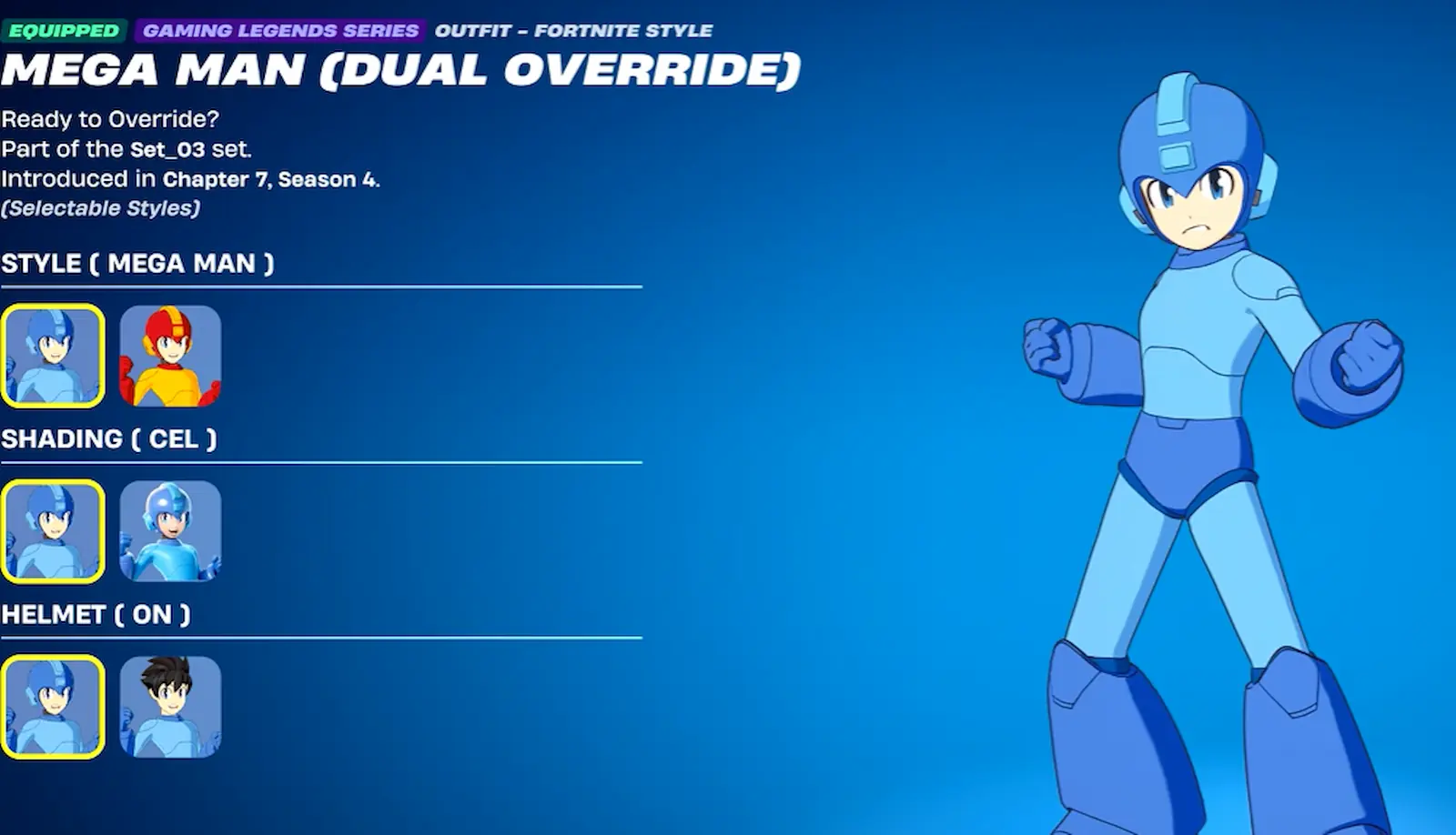 Atuendo Mega Man (Dual Override) con casco en el vestidor de Fortnite
