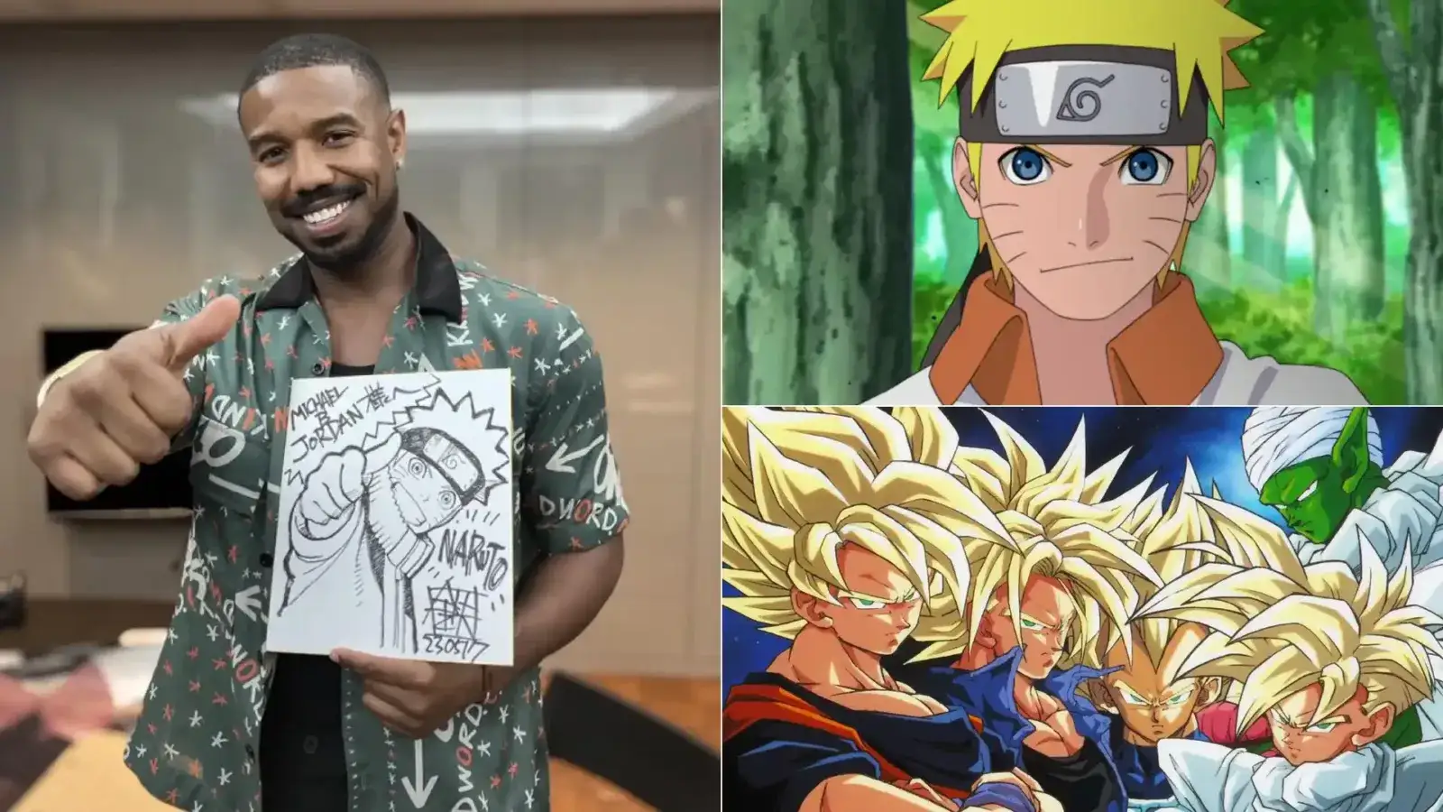Michael B. Jordan sostiene un dibujo de Naruto, junto a imágenes de Naruto y Dragon Ball Z, dos de los anime que lo marcaron