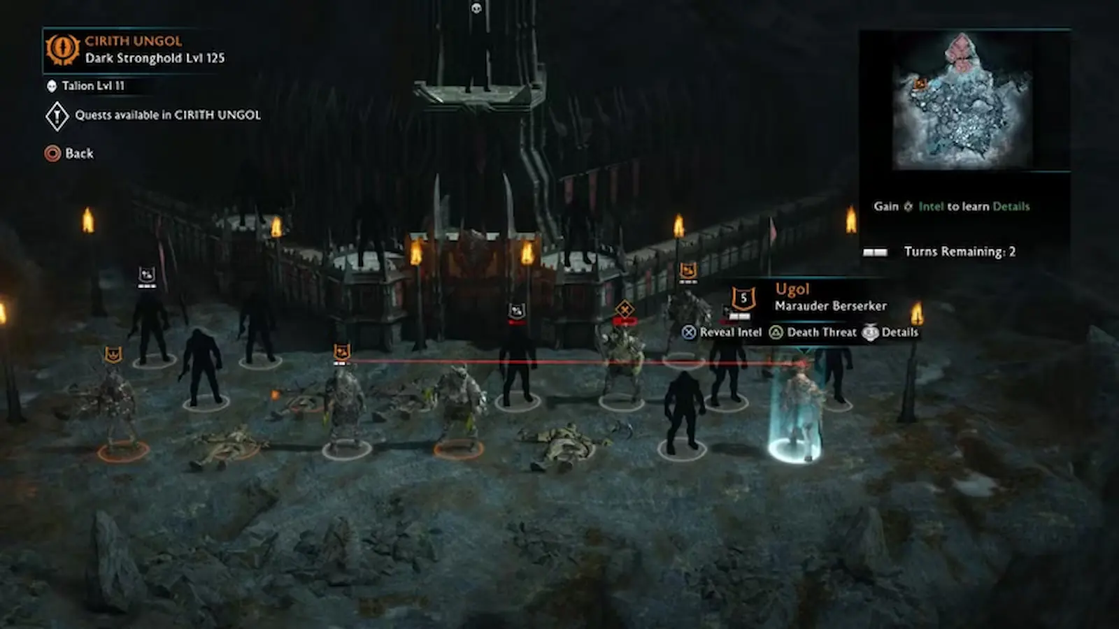 Pantalla del sistema Nemesis en Shadow of War, con la jerarquía de capitanes orcos de la fortaleza de Cirith Ungol