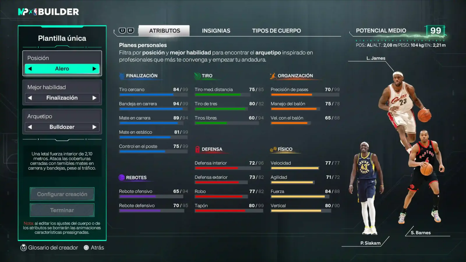 MyPLAYER Builder de NBA 2K27 con los atributos, las insignias y el potencial medio del jugador creado