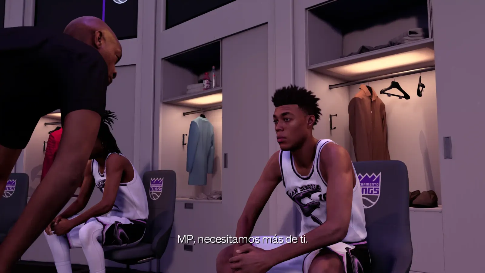 Escena de vestuario del modo historia Fuego y hormigón en NBA 2K27