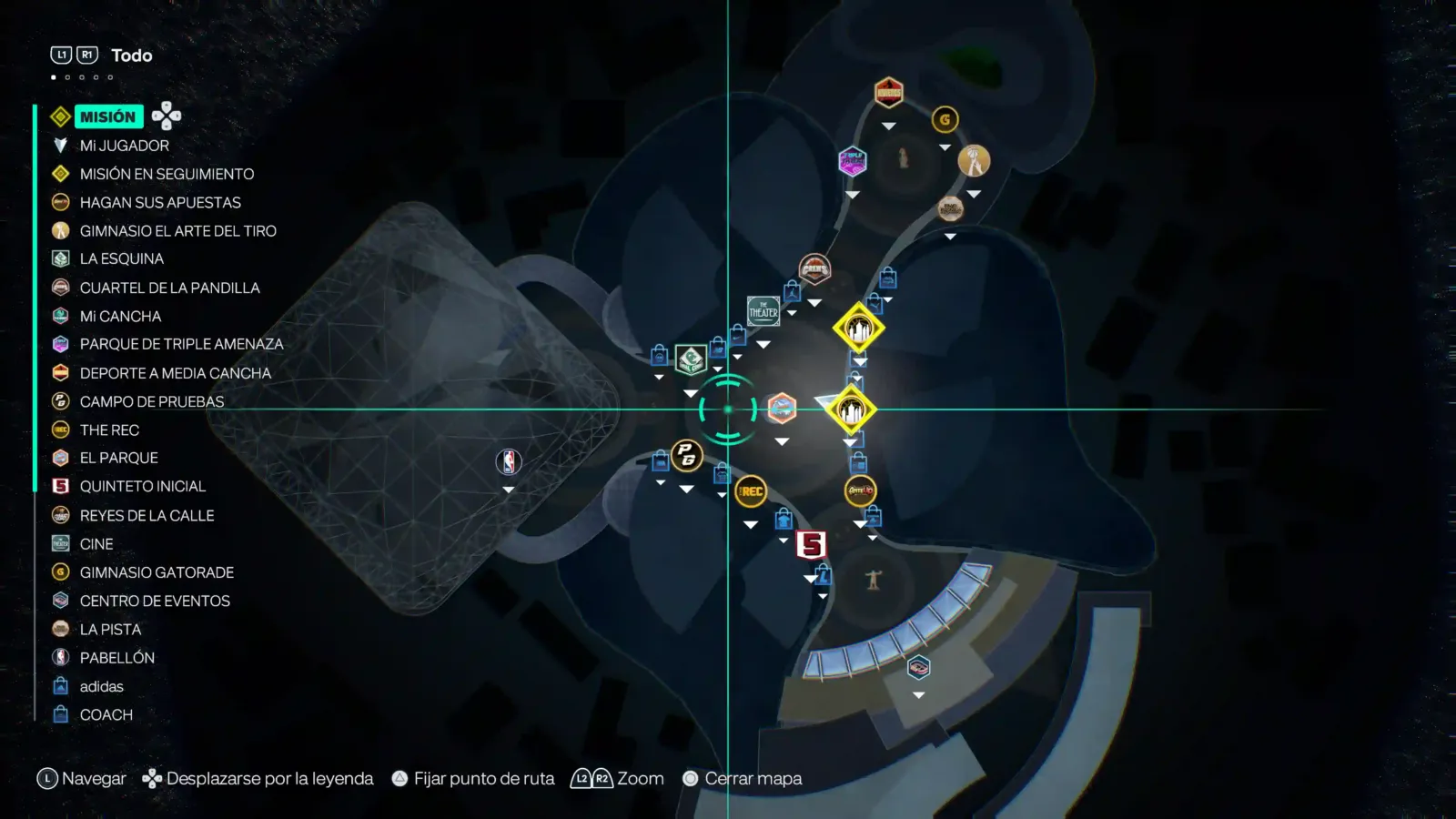 Mapa de The City en NBA 2K27 con las canchas y los puntos de interés