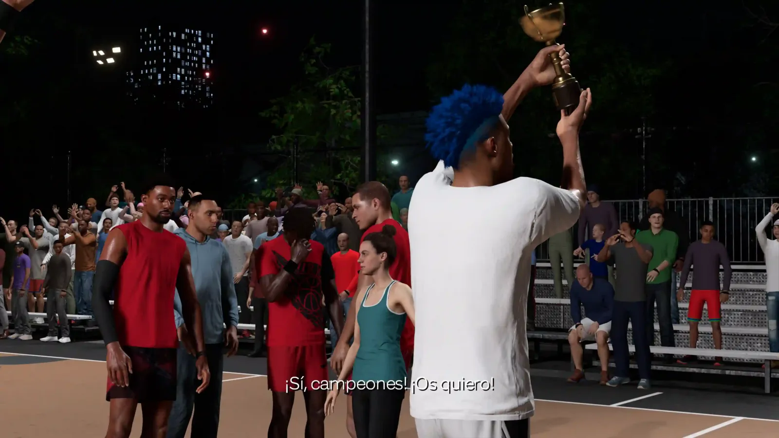 Festejo con el trofeo en una cancha callejera de NBA 2K27