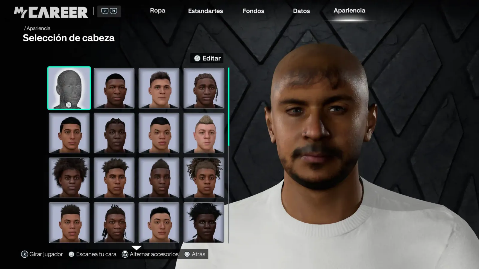 Editor de apariencia de MyCAREER en NBA 2K27, con la selección de cabeza del MyPLAYER