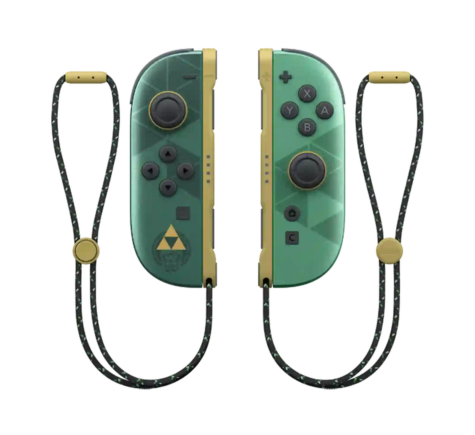 par de Joy-Con verdes con patrón de triángulos dorados de la Switch 2 edición Zelda