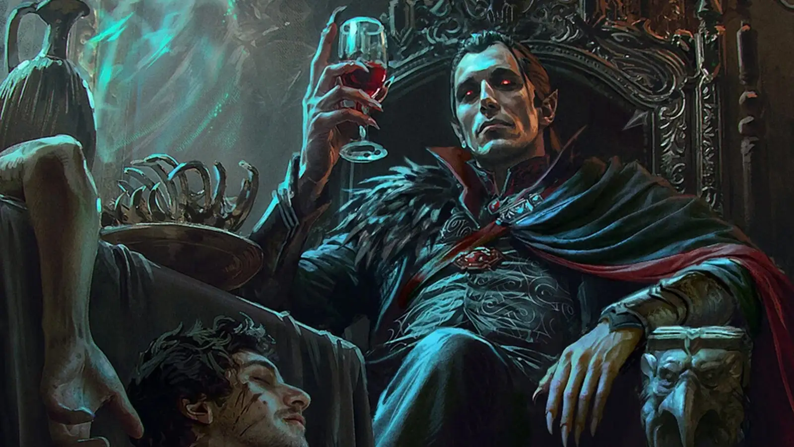 Strahd von Zarovich sentado en su trono con una copa de vino, ilustración de Ravenloft, el escenario que adapta la serie de Netflix