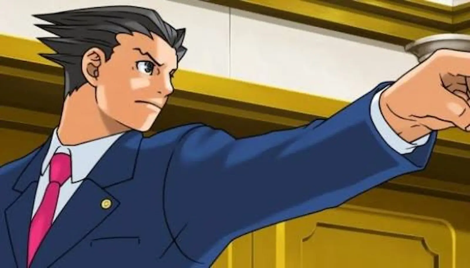 Phoenix Wright, el abogado de Ace Attorney, en pose de objeción dentro de un tribunal