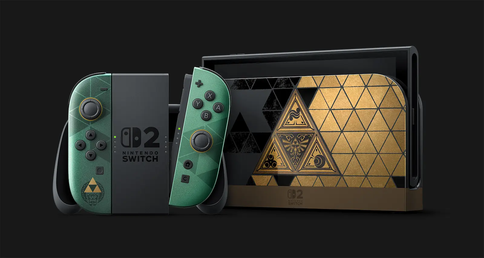 Nintendo Switch 2 edición Zelda con Joy-Con verdes y dorados y dock negro con la Trifuerza