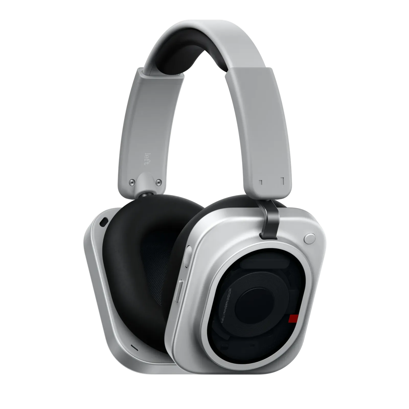 Nothing Headphone (1) Pro blancos, vista de tres cuartos con la almohadilla negra
