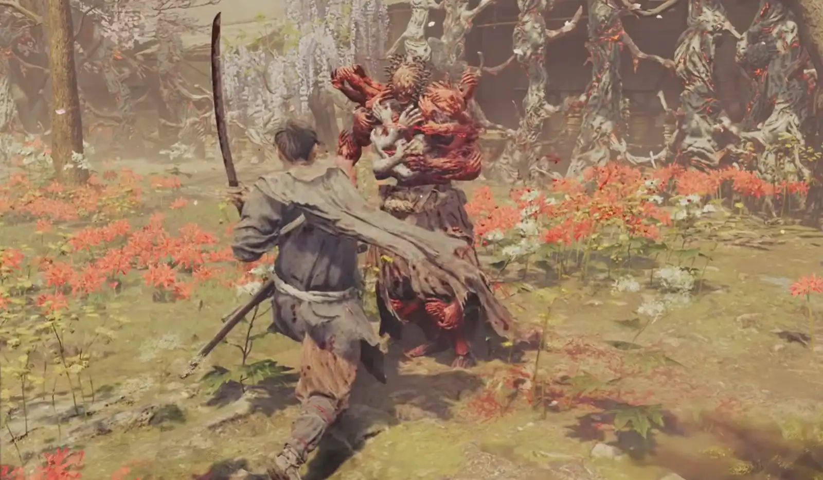 Musashi enfrenta a un Genma en un campo de flores rojas en Onimusha Way of the Sword