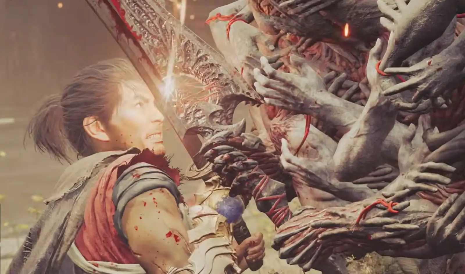 Musashi frente a una maraña de brazos e hilos rojos, una barrera de malicia en Onimusha Way of the Sword