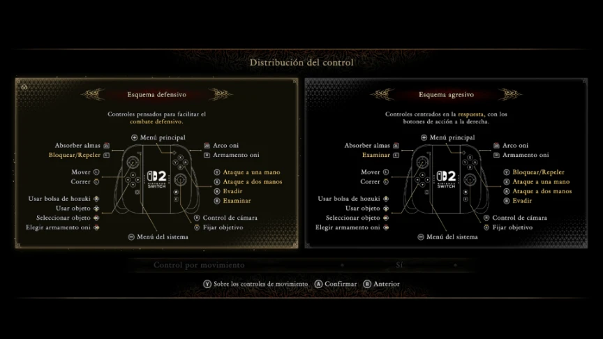 Pantalla de configuración del control con los esquemas defensivo y agresivo del Joy-Con 2