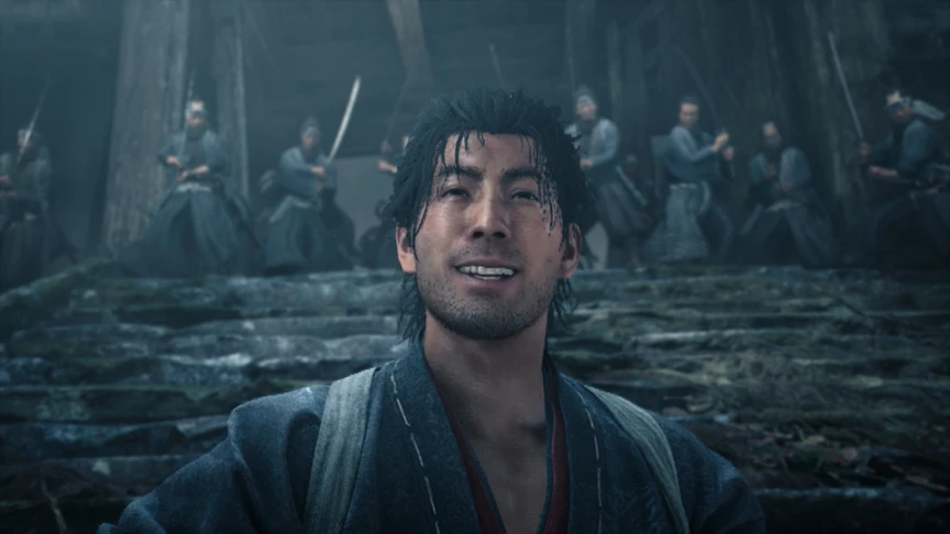 Primer plano de Miyamoto Musashi sonriendo, con el rostro modelado a partir de Toshiro Mifune