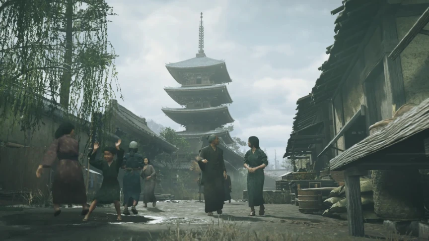 Una calle de Kioto en el periodo Edo, con la pagoda de cinco pisos y aldeanos, en Onimusha: Way of the Sword