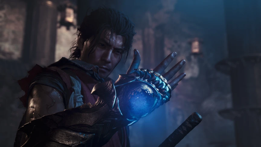 Musashi absorbe un alma con el Guantelete Oni en Onimusha: Way of the Sword