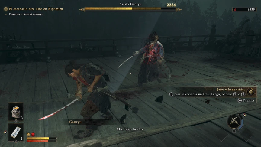 Musashi remata a Sasaki Ganryu con un ataque crítico sobre una plataforma de madera