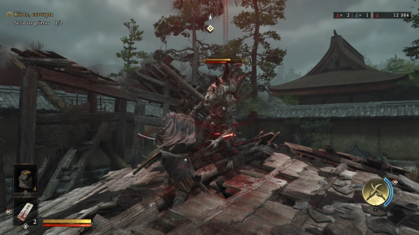 Musashi avanza sobre los tejados en ruinas de un templo de Kioto en Onimusha: Way of the Sword