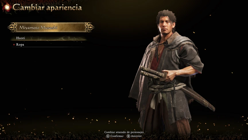 Menú de cambio de apariencia de Miyamoto Musashi, con las opciones de haori y ropa