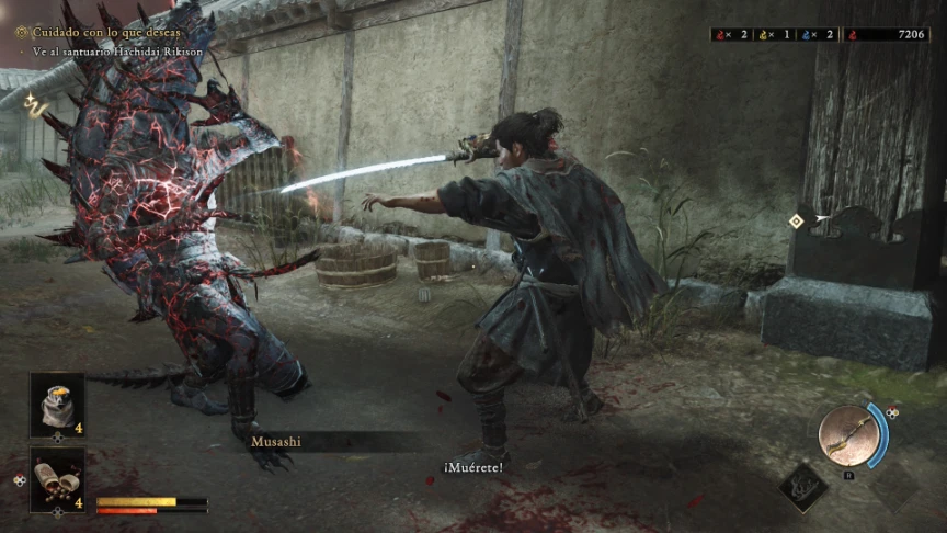 Duelo de Musashi contra un Genma envuelto en energía roja