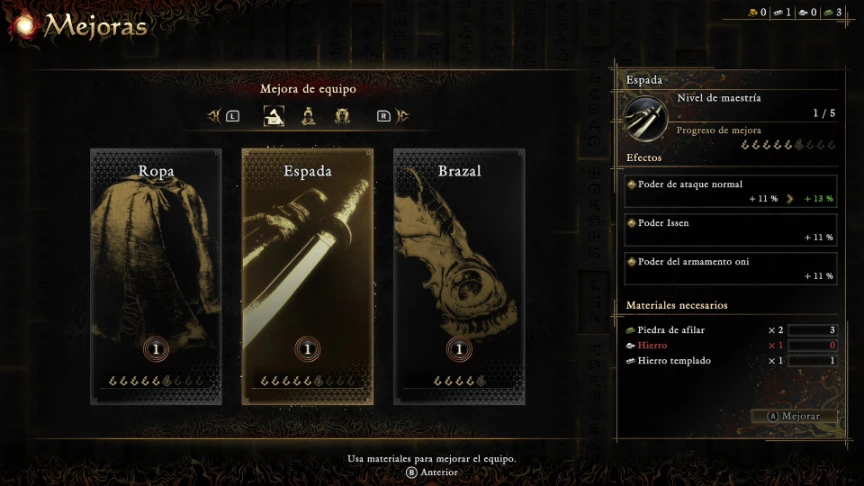 Menú de mejora de equipo de Onimusha: Way of the Sword, con las tres ranuras: ropa, espada y brazal