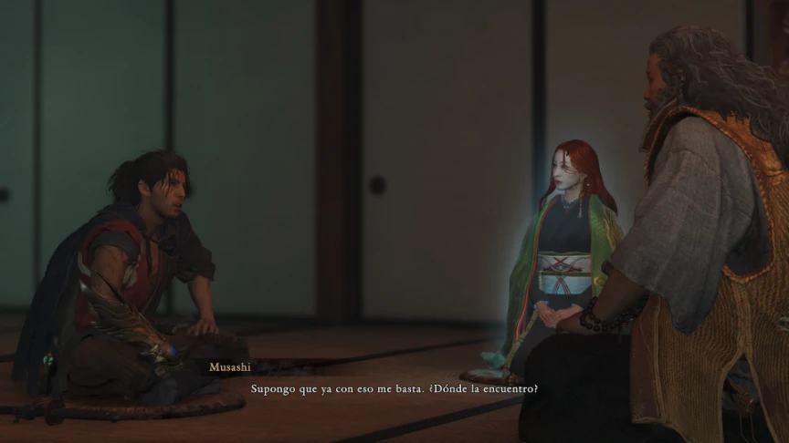 Escena de diálogo en un interior japonés entre Musashi y dos personajes