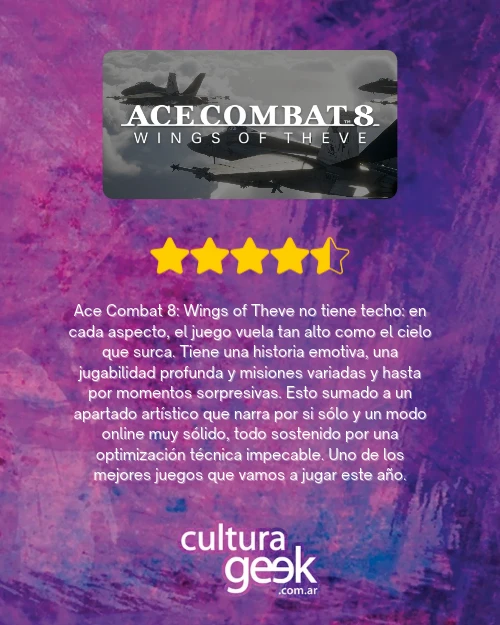 Placa de puntaje de Cultura Geek para Ace Combat 8: Wings of Theve: cuatro estrellas y media sobre cinco